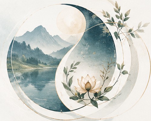 Abstract watercolor of two flowing learning paths with mountain, water and botanical forms