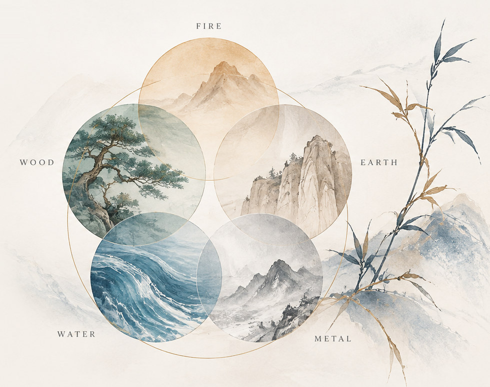 Five Elements artwork illustrating Wood, Fire, Earth, Metal, and Water